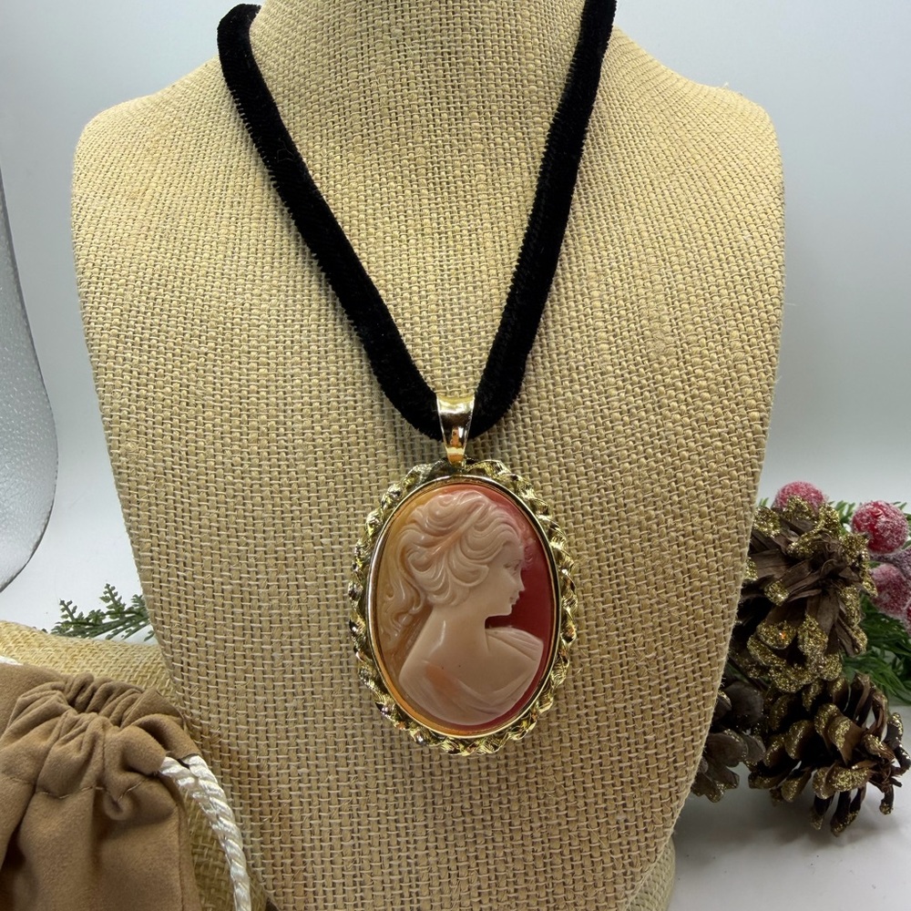 Elegant Cameo Pendant Necklace in Gold and Pink - Picture 3 of 9
